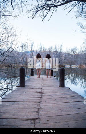 Teenage twin sisters holding hands on white background Stock Photo - Alamy