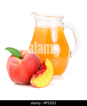 Peach juice in a glass jug isolated on white background. Stock Photo
