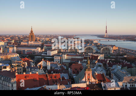 View of downtown and Riga Radio and TV Tower on a late winter afternoon from the top of St. Peter's church on  - Riga, Latvia Stock Photo