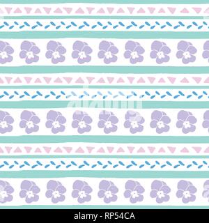 Vector seamless pattern with pastel color pansy hand drawn stripes and triangles . Hand drawn blue, purple and pink stripes and triangles. Stock Vector