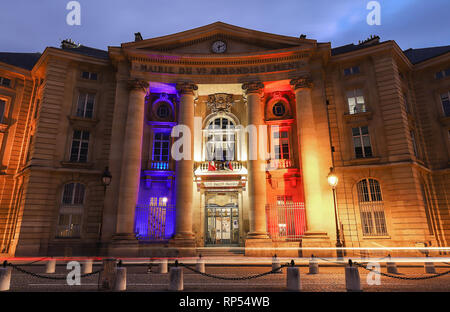 Night view of the Mairie du Ve arrondissement city hall near the Pantheon on the Montagne Ste Genevieve in the Latin Quarter of Paris . Stock Photo