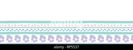 Vector seamless border with pastel color pansy hand drawn stripes and triangles . Hand drawn blue, purple and pink stripes and triangles. Stock Vector