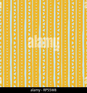 Vector seamless pattern with handdrawn stripes and triangles . Hand drawn blue stripes and triangles on yellow background. Stock Vector