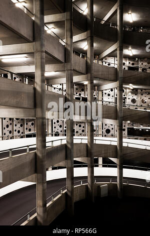 Interior and exterior views of the Hydro multistory car park building illuminated at night clydeside Glasgow city Scotland UK Stock Photo