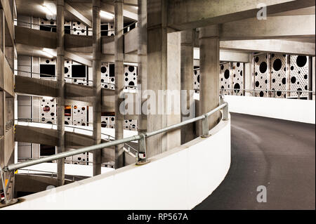 Interior and exterior views of the Hydro multistory car park building illuminated at night clydeside Glasgow city Scotland UK Stock Photo