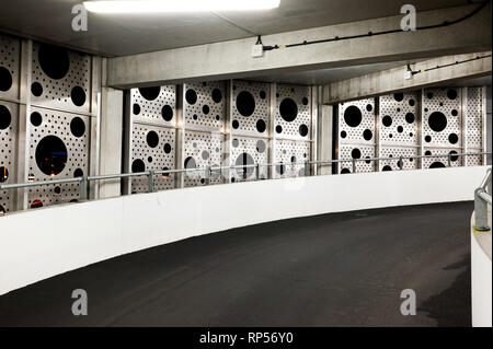 Interior and exterior views of the Hydro multistory car park building illuminated at night clydeside Glasgow city Scotland UK Stock Photo