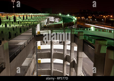 Interior and exterior views of the Hydro multistory car park building illuminated at night clydeside Glasgow city Scotland UK Stock Photo