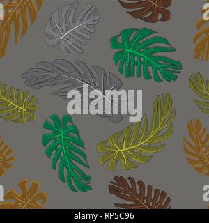 Monstera leaves seamless textile pattern. Set of vector elements, for tropical, exotic, summer design. Monstera deliciosa isolated on background. Stock Vector