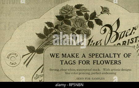 . The American florist : a weekly journal for the trade. Floriculture; Florists. 446 The American Florist. Sept. 24.. WE MAKE A SPECIALTY OF TAGS FOR FLOWERS Strong, clear white, waterproof stock. With artistic designs fine color printing, perfect embossing ? SEND FOR SAMPLES THE TAG MAKERS BOSTON, NEW YORK. PHILADELPHIA. CHICAGO. ST. LOUIS ,fa.'f  / George Cotsonas&amp;Co. Wbolesaleand Retail Dealers in all kiods of Evergret ns Fancy and Dageer Fi-rns, Bronzp and Green Galax Holly. Leucothoe Spravs. Princi-ss Pine. Etc.. Deliyered to all parts of United states and Canada 127 W. 28th St. bet  Stock Photo