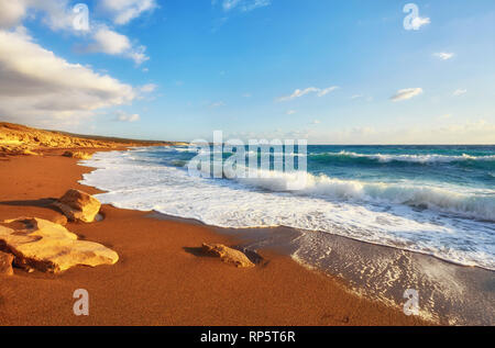 Storming sea and wide-spreading waves, Cyprus coastline. Stock Photo