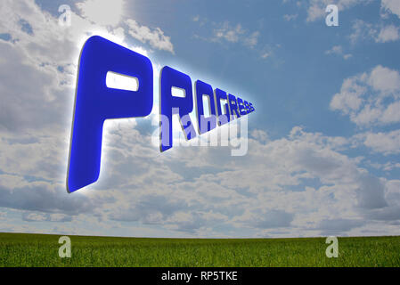 PROGRESS Graphic. Blue on a background of green grass and blue sky with dramatic clouds Stock Photo