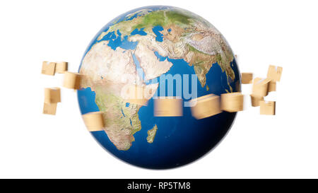 International package delivery service concept. Freight packages flying around the Earth planet globe. Global cargo shipping transportation. 3d render Stock Photo