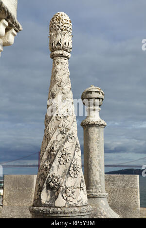 Manueline pinnacles of the Belém Tower (Torre de Belém) designed by Portuguese architect Francisco de Arruda (1519) on the bank of the Tagus River in Belém district in Lisbon, Portugal. Stock Photo
