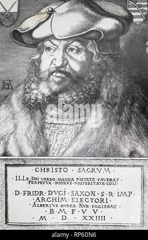 Portrait of Frederick the Wise, Elector of Saxony. Medieval engraving. Frederick III (17 January 1463 – 5 May 1525), also known as Frederick the Wise (German Friedrich der Weise), was Elector of Saxony from 1486 to 1525, who is mostly remembered for the worldly protection of his subject Martin Luther. Stock Photo