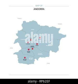 Andorra vector map. Editable template with regions, cities, red pins and blue surface on white background. Stock Vector