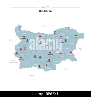 Bulgaria vector map. Editable template with regions, cities, red pins and blue surface on white background. Stock Vector