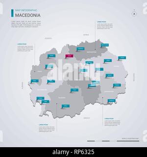 Macedonia vector map with infographic elements, pointer marks. Editable template with regions, cities and capital Skopje. Stock Vector