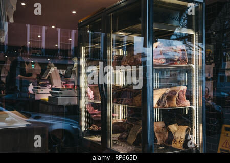 London, UK - February 16, 2019: Meat on retail display of Primrose Hill Butchery in Primrose Hill, an upscale area of North London that got its name f Stock Photo