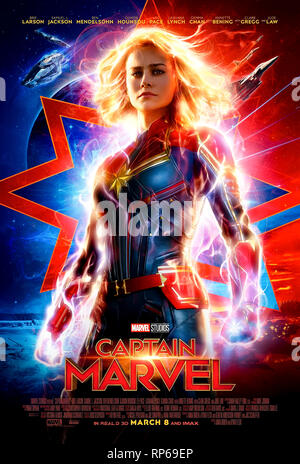 Captain Marvel (2019) directed by Anna Boden and Ryan Fleck and starring Brie Larson, Gemma Chan and Samuel L. Jackson. USAF pilot Carol Danvers becomes one of the most powerful superheros in the universe. Stock Photo