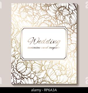 Antique royal luxury wedding invitation, gold on beige background with frame and place for text, lacy foliage made of roses or peonies with shiny grad Stock Vector