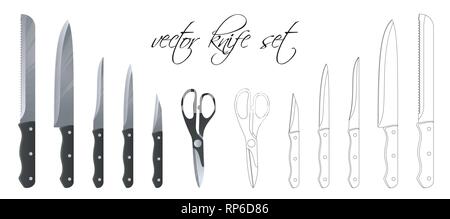 Set of kitchen knife, scissors and cutter. Linear set. Vector illustration. Scalable and editable colour. On white background. EPS 10 Stock Vector