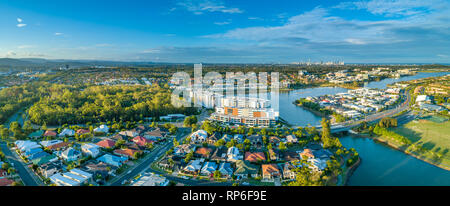 Aerial panorama of luxury real estate at Varsity Lakes suburb on Gold Coast, Queensland, Australia Stock Photo