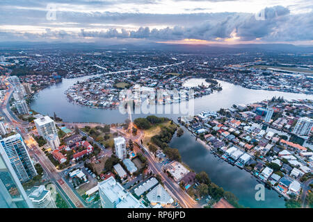 Gold Coast viewed from the observation tower at sunset Stock Photo