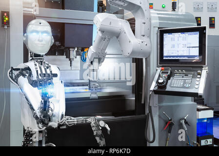 Humanoid robot control automatic robotic industrial with CNC machine in smart factory. Future technology concept Stock Photo