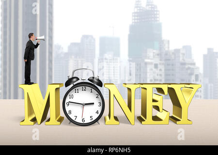 Man using megaphone shouting on golden money word with alarm clock. Stock Photo