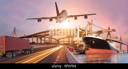 Panorama transport and logistic concept by truck boat plane for logistic Import export background Stock Photo