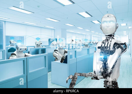 Robot team working in the office, Future technology concept Stock Photo