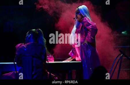 Leigh-Anne Pinnock of Little Mix performs on stage at the Brit Awards 2019 at the O2 Arena, London. PRESS ASSOCIATION PHOTO. Picture date: Wednesday February 20, 2019. See PA story SHOWBIZ Brits. Photo credit should read: Victoria Jones/PA Wire. EDITORIAL USE ONLY. Stock Photo