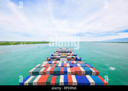 Aerial view container cargo ship and commercial plane for transport and logistic import export concept Stock Photo