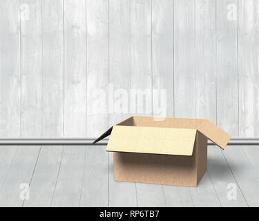 Opened cardboard box, on wooden wall and floor indoors background. Stock Photo