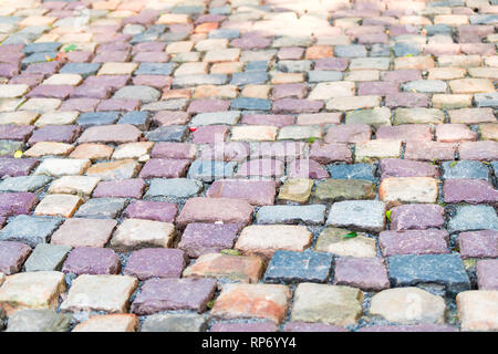 Lviv, Ukraine historic Ukrainian city in old town with closeup of colorful cobblestone alley path architecture during sunny summer day to High Castle  Stock Photo