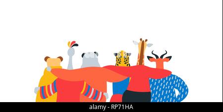 Diverse friend group of wild animals hugging together. Banner illustration for endangered animal conservation and protection concept. Lion, bird, pand Stock Vector