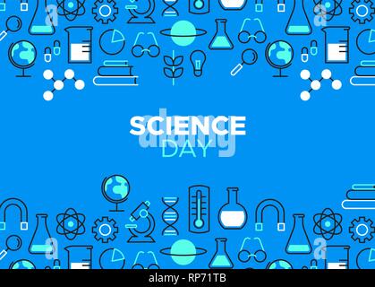 World Science Day illustration. Outline icons in blue color for scientific research celebration. Includes microscope, chemistry flask and education to Stock Vector