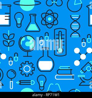 Science seamless pattern background with outline icons in blue color for scientific research concept. Includes microscope, chemistry flask and educati Stock Vector