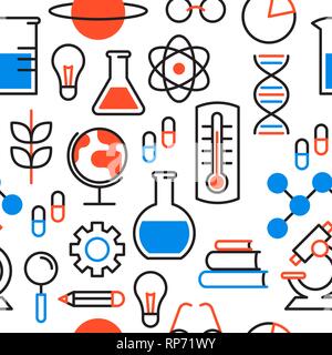 Science seamless pattern background with outline icons for scientific research concept. Includes microscope, chemistry flask and education tools. Stock Vector