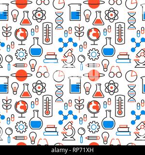 Science seamless pattern background with outline icons for scientific research concept. Includes microscope, chemistry flask and education tools. Stock Vector