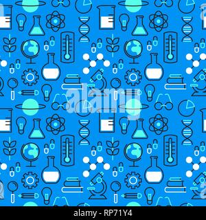 Science seamless pattern background with outline icons in blue color for scientific research concept. Includes microscope, chemistry flask and educati Stock Vector
