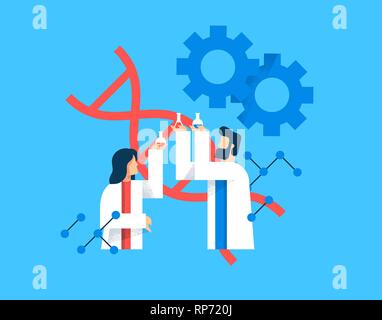 Science concept illustration of man and woman scientists in modern flat cartoon style for scientific education concept. Stock Vector