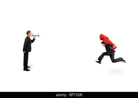 One man using speaker to direct another man carrying 3D red arrow up running, isolated on white background. Stock Photo