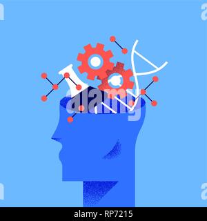 Education concept illustration in modern flat cartoon style. Human head with science, chemistry and biology tools inside. Stock Vector