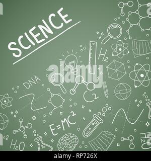 Science Day illustration of doodle icons on blackboard background for education and research. Stock Vector