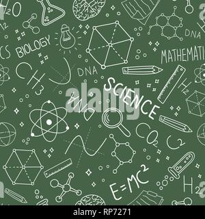 Science concept seamless pattern of doodle icons on green blackboard background for education and research. Stock Vector