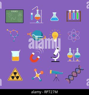 Colorful science icon set, education and research concept designs collection. Includes microscope, scientific tools, chemistry flask, lab and research Stock Vector