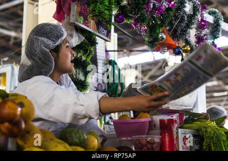 Lima, Peru December 30th, 2018 : Juice vendors inside the San Pedro market in Cusco - Peru Stock Photo