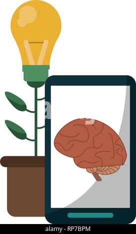 smartphone with brain on screen and flower big idea pot Stock Vector