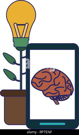 smartphone with brain on screen and flower big idea pot Stock Vector